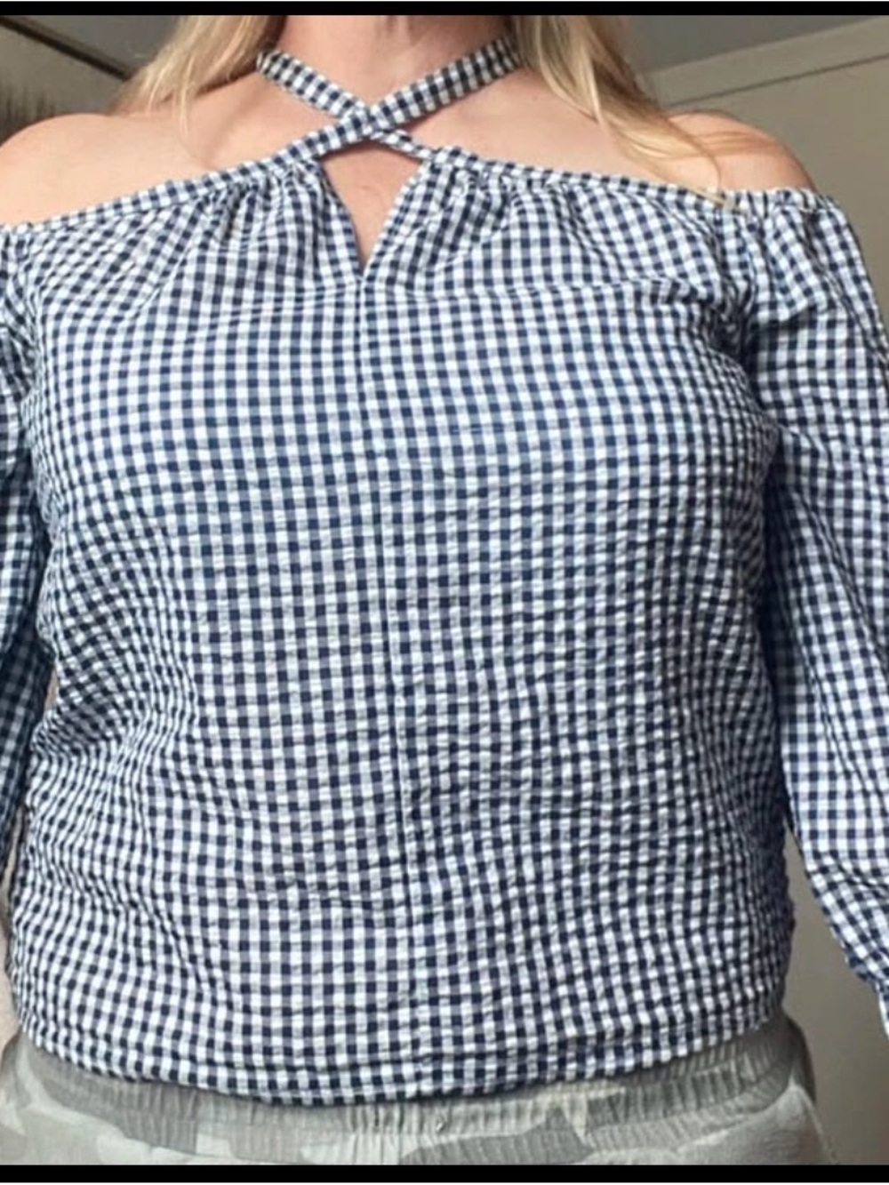 Miss Me Off-Shoulder Navy Gingham Cross-Neck Women's Top